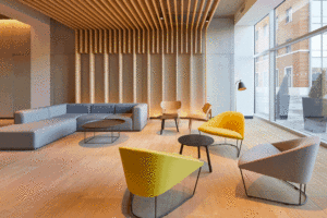 Davidson House Reception Office Furniture Timber Yellow Lounge Sofa Natural Materials Warm Interior Design