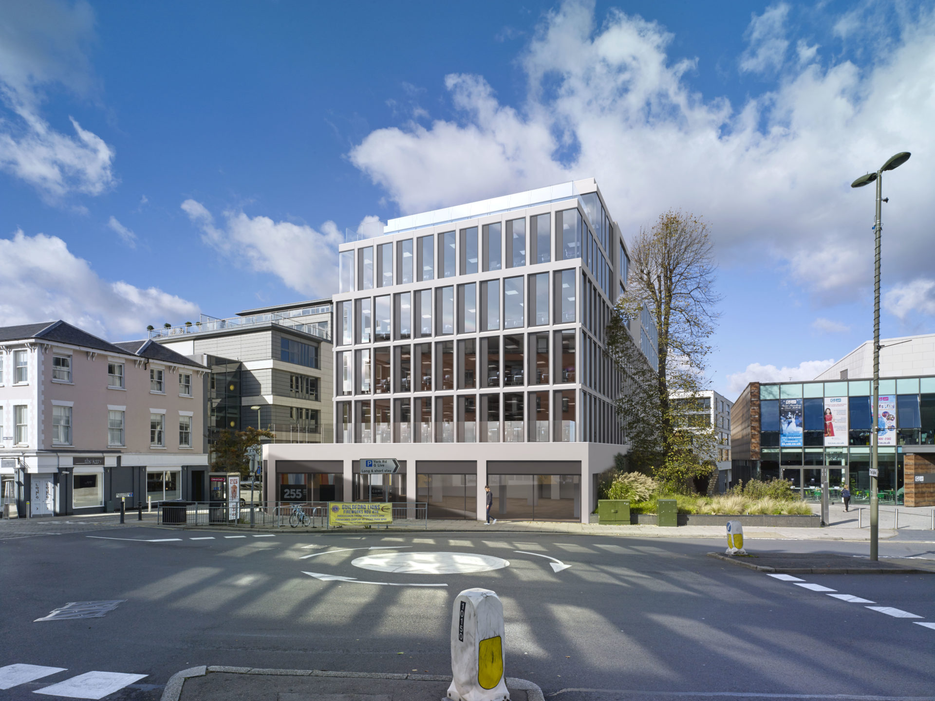 office building CGI Guildford roundabout sky clouds concrete mullion 255 High Street connaught house