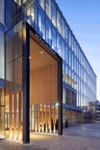 Davidson House Forbury Square Entrance Night Evening View Timber Metal Canopy Lighting Building Reading Office